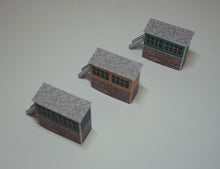 Load image into Gallery viewer, 3 N Gauge signal boxes of different colours viewed from above