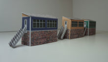 Load image into Gallery viewer, 3 N Gauge signal boxes of different colours viewed from the side
