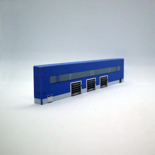 Modern blue N gauge warehouse