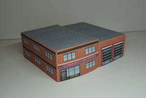 N Gauge fire station viewed from above and to the side