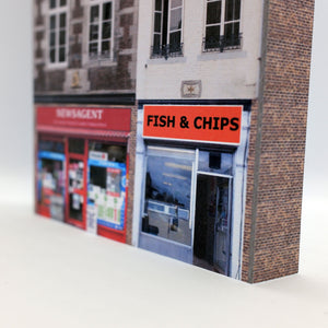 OO gauge newsagent and chippy in low relief