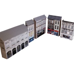 card model railway buildings with shops