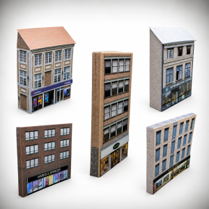model railway buildings for a shopping high street scene